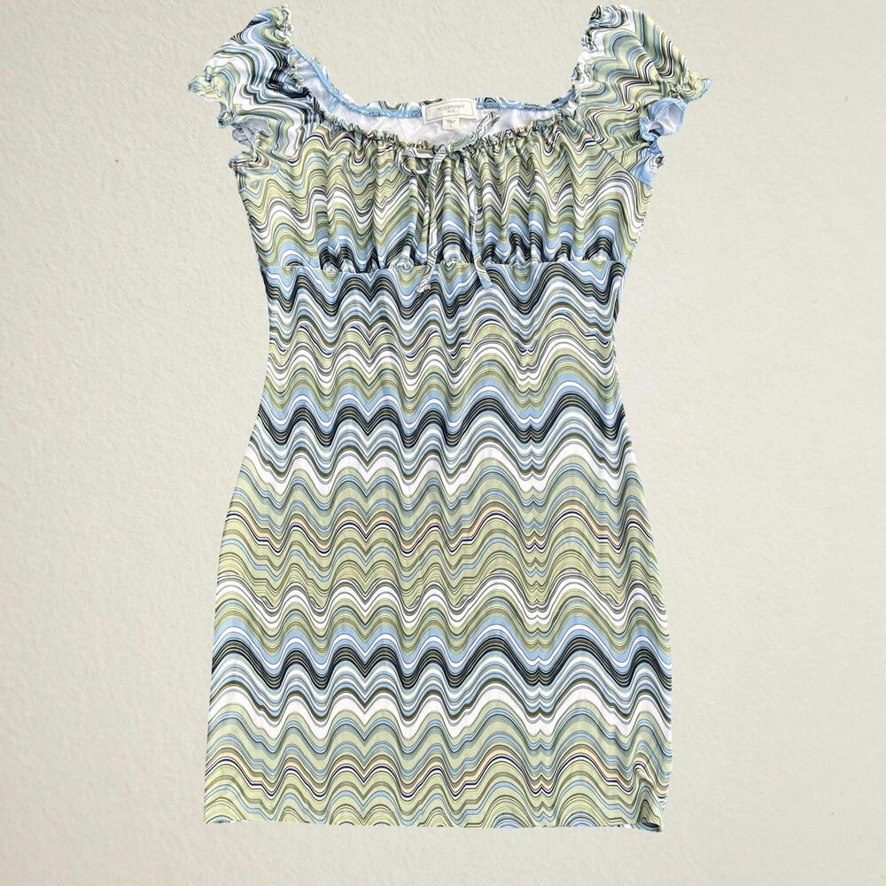 Y2K green wavy babydoll mini dress, groovy boho chic earth tones bohemian